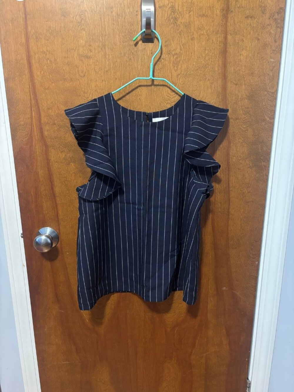 J.O.A. Navy Pinstripe Ruffle Sleeve Blouse S